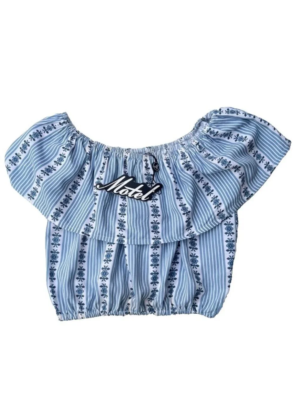 Nasty Gal Motel Harriet Off Shoulder Crop Top Blue Floral Stripe XS Boho - Picture 2 of 13
